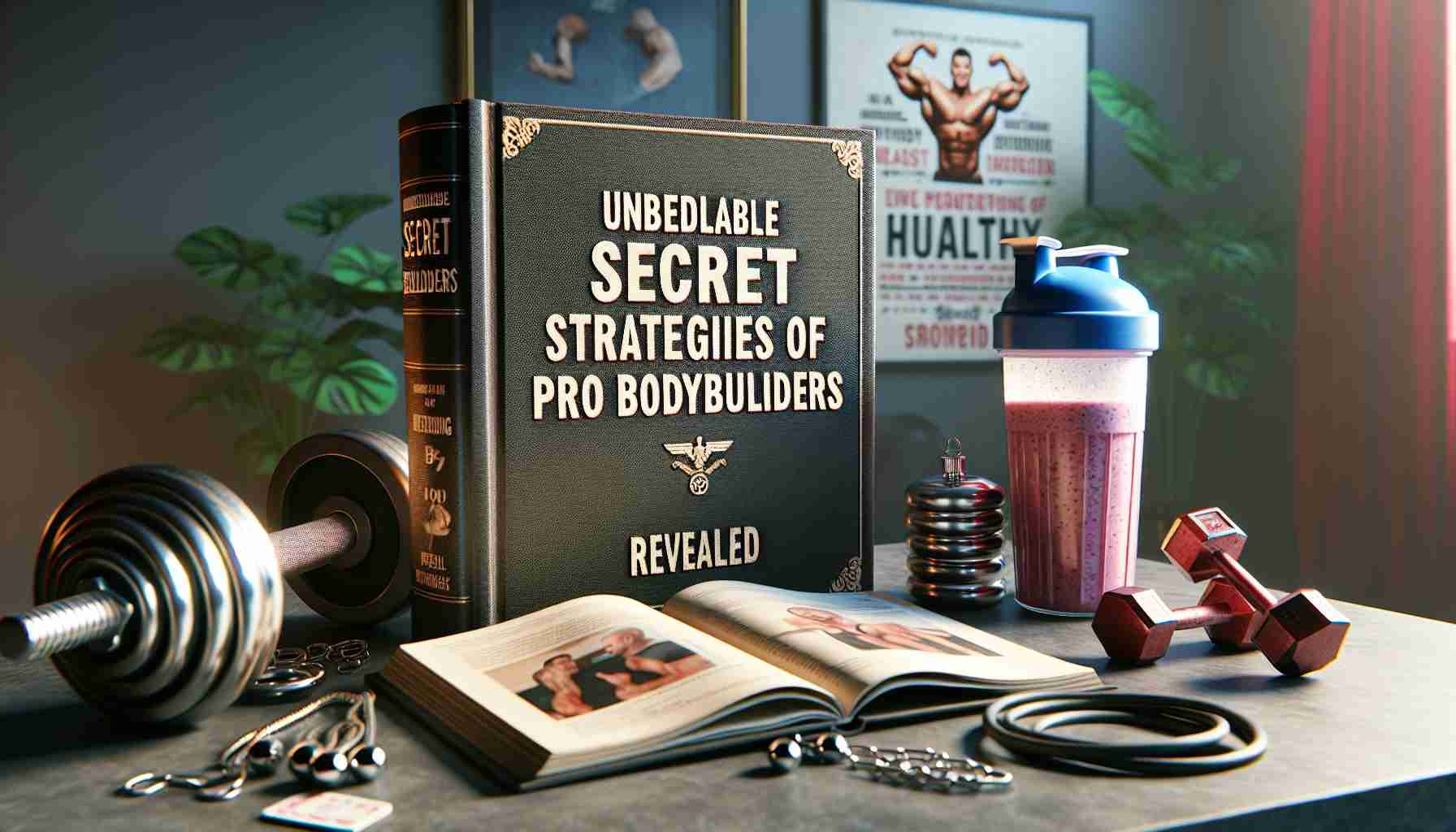 A high-definition, realistic representation of an open book that reads 'Unbelievable Secret Strategies of Pro Bodybuilders Revealed'. Adjacent to the book, depict various bodybuilding equipment like weights, a protein shaker full of healthy smoothie, and a resistance band. The scene is a well-lit room, preferably a study, with a hint of motivation poster on the wall, possibly related to fitness and bodybuilding.