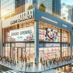 A high-definition, realistic image of the grand opening of a new cosmetic and beauty supply store named 'Beauty Bonanza' in the bustling city center. The store features a modern architectural design with large glass windows, allowing passersby a glimpse into the array of products. A banner proclaiming 'Grand Opening' hangs over the store's entrance, attracting a crowd of enthusiastic customers eager to explore the new retail destination. In the background, a city skyline teems with skyscrapers, symbolizing the heart of metropolitan life.