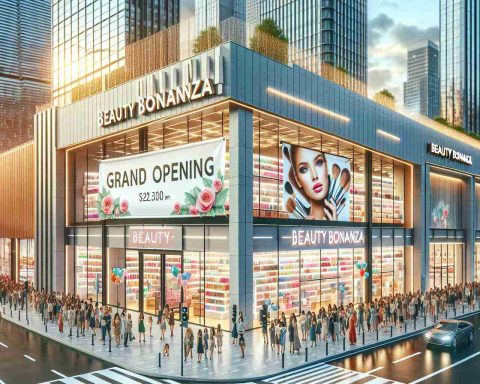 A high-definition, realistic image of the grand opening of a new cosmetic and beauty supply store named 'Beauty Bonanza' in the bustling city center. The store features a modern architectural design with large glass windows, allowing passersby a glimpse into the array of products. A banner proclaiming 'Grand Opening' hangs over the store's entrance, attracting a crowd of enthusiastic customers eager to explore the new retail destination. In the background, a city skyline teems with skyscrapers, symbolizing the heart of metropolitan life.