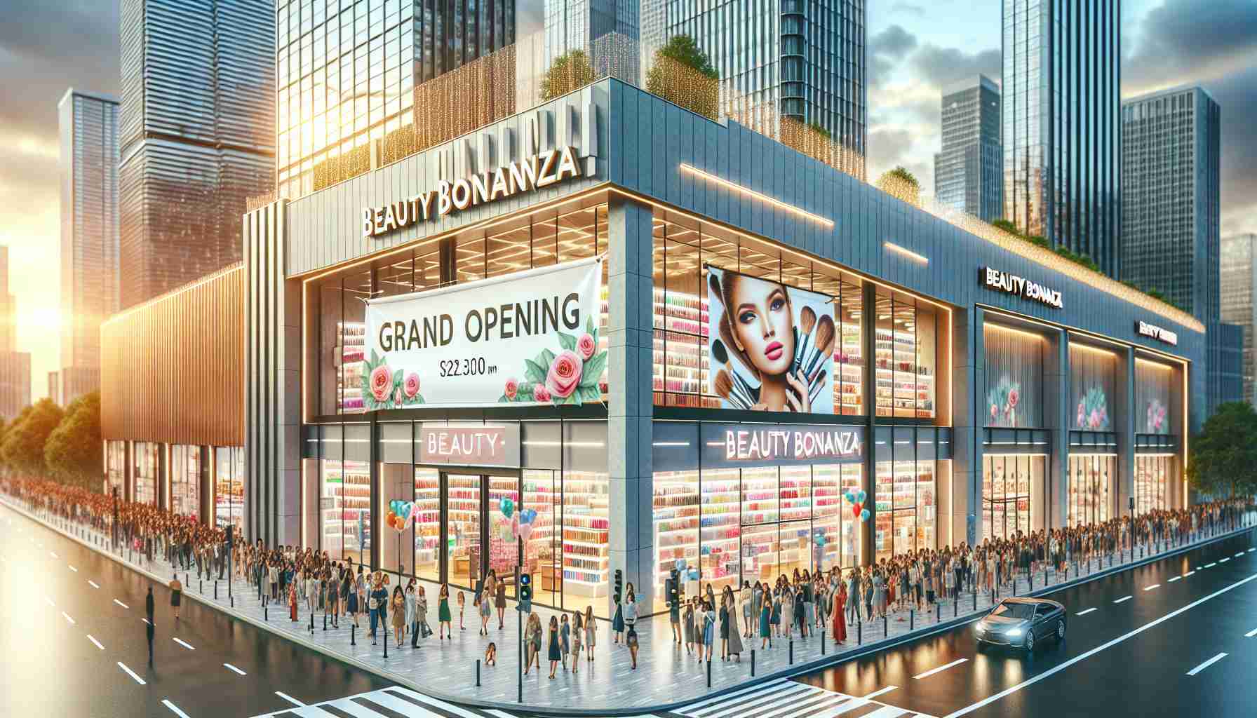 A high-definition, realistic image of the grand opening of a new cosmetic and beauty supply store named 'Beauty Bonanza' in the bustling city center. The store features a modern architectural design with large glass windows, allowing passersby a glimpse into the array of products. A banner proclaiming 'Grand Opening' hangs over the store's entrance, attracting a crowd of enthusiastic customers eager to explore the new retail destination. In the background, a city skyline teems with skyscrapers, symbolizing the heart of metropolitan life.