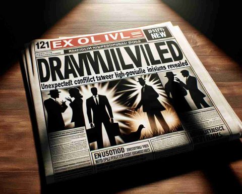 A realistic high-definition representation of a dramatic news headline: 'Explosive New Drama Unveiled: Unexpected Conflict between High-profile Individuals Revealed'. The scene should capture a shocking and intense atmosphere, perhaps with a tabloid cover with bold headlines, underlines, exclamation points, and mysterious shadowed silhouettes that suggest a heated argument.