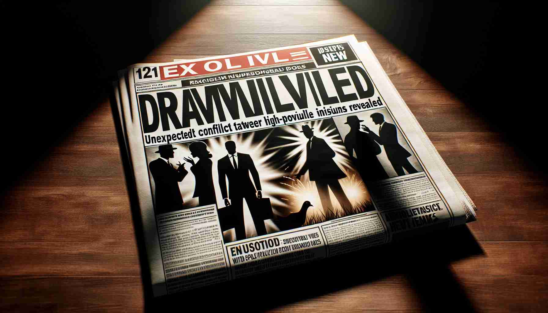 A realistic high-definition representation of a dramatic news headline: 'Explosive New Drama Unveiled: Unexpected Conflict between High-profile Individuals Revealed'. The scene should capture a shocking and intense atmosphere, perhaps with a tabloid cover with bold headlines, underlines, exclamation points, and mysterious shadowed silhouettes that suggest a heated argument.