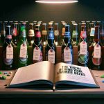 Generate an image depicting the shocking revelation behind popular beers. The scene shows an array of various beer bottles lined up on a wooden table, each with a tag displaying an interesting fact about the beer. There's an open book next to the bottles, featuring the title 'The Truth Behind Your Favorite Beers'. The mood of the image is suspenseful, and the lighting focuses on the bottles and the book. The overall design metaphorically emphasizes the uncovering of hidden truths.