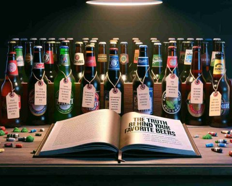 Generate an image depicting the shocking revelation behind popular beers. The scene shows an array of various beer bottles lined up on a wooden table, each with a tag displaying an interesting fact about the beer. There's an open book next to the bottles, featuring the title 'The Truth Behind Your Favorite Beers'. The mood of the image is suspenseful, and the lighting focuses on the bottles and the book. The overall design metaphorically emphasizes the uncovering of hidden truths.