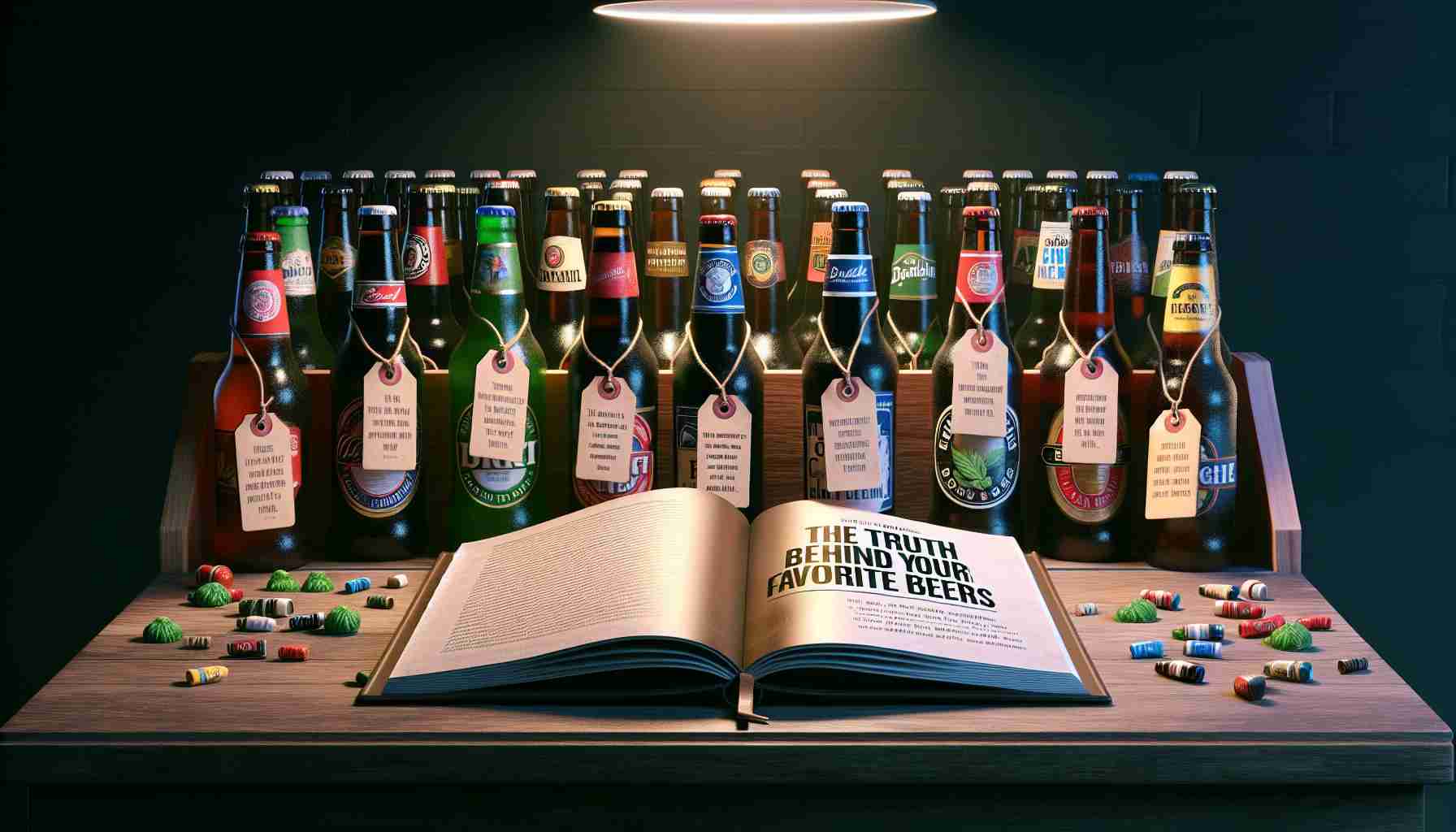 Generate an image depicting the shocking revelation behind popular beers. The scene shows an array of various beer bottles lined up on a wooden table, each with a tag displaying an interesting fact about the beer. There's an open book next to the bottles, featuring the title 'The Truth Behind Your Favorite Beers'. The mood of the image is suspenseful, and the lighting focuses on the bottles and the book. The overall design metaphorically emphasizes the uncovering of hidden truths.