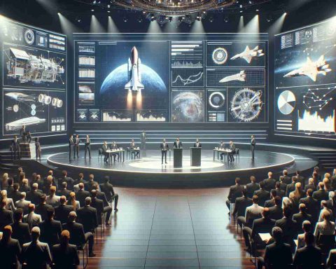 High-definition realistic illustration of a fictitious private space company unveiling a groundbreaking plan. Capture the sense of anticipation and innovation in the room. The moment is akin to the launching of an inventive spaceship or a novel mission plan. Display charts, graphs, and mock-ups of futuristic spacecraft on large screens dominating the stage, setting a futuristic tone. The audience should appear diverse and eagerly anticipating the presentation. The officials on stage are animated and passionate, discussing their plans with excitement and determination.