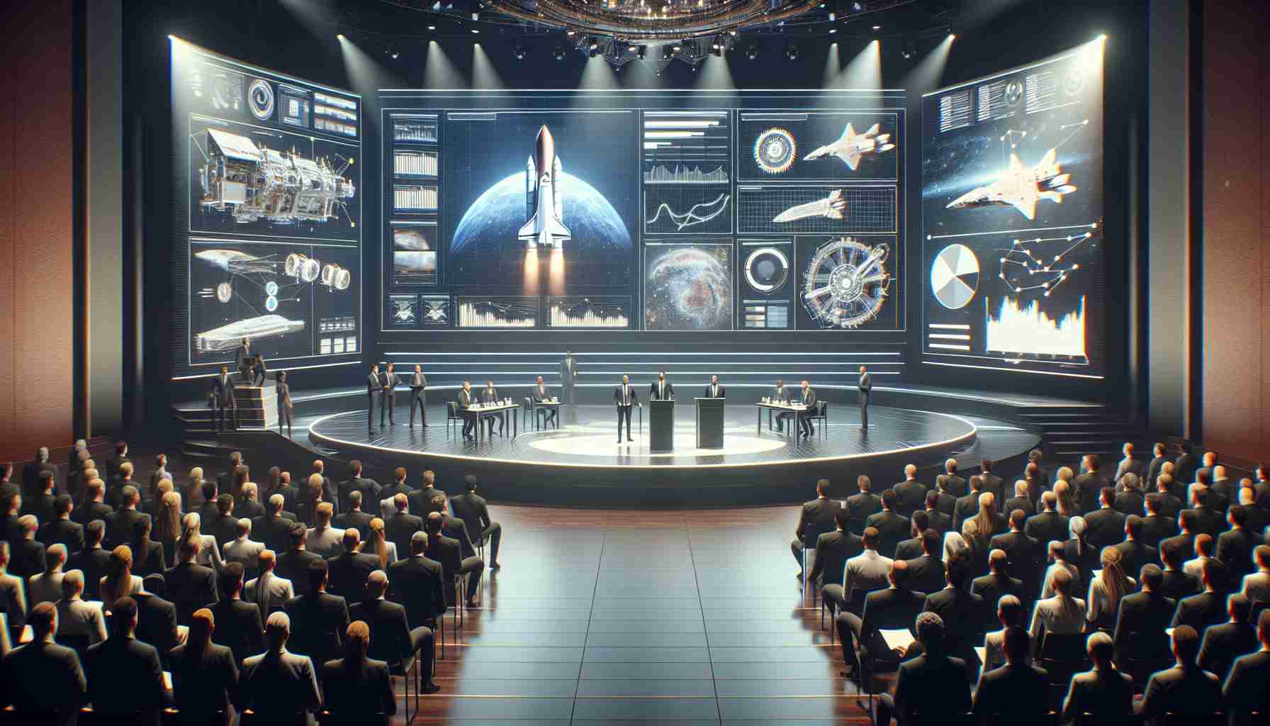 High-definition realistic illustration of a fictitious private space company unveiling a groundbreaking plan. Capture the sense of anticipation and innovation in the room. The moment is akin to the launching of an inventive spaceship or a novel mission plan. Display charts, graphs, and mock-ups of futuristic spacecraft on large screens dominating the stage, setting a futuristic tone. The audience should appear diverse and eagerly anticipating the presentation. The officials on stage are animated and passionate, discussing their plans with excitement and determination.