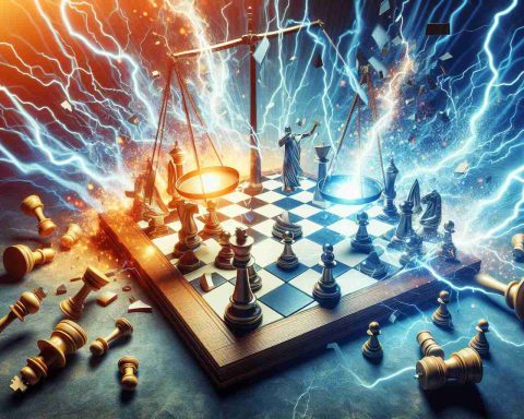 Create a realistic high definition image of the visual interpretation of the text 'New Ruling: Shocking Twist in High-Stakes Legal Battle'. This could include an abstract concept of a battle represented as a chessboard with pieces knocked over, a shocking electrically-charged scene, and a balance scale showing a new ruling tipping the balance in a court-like setting.