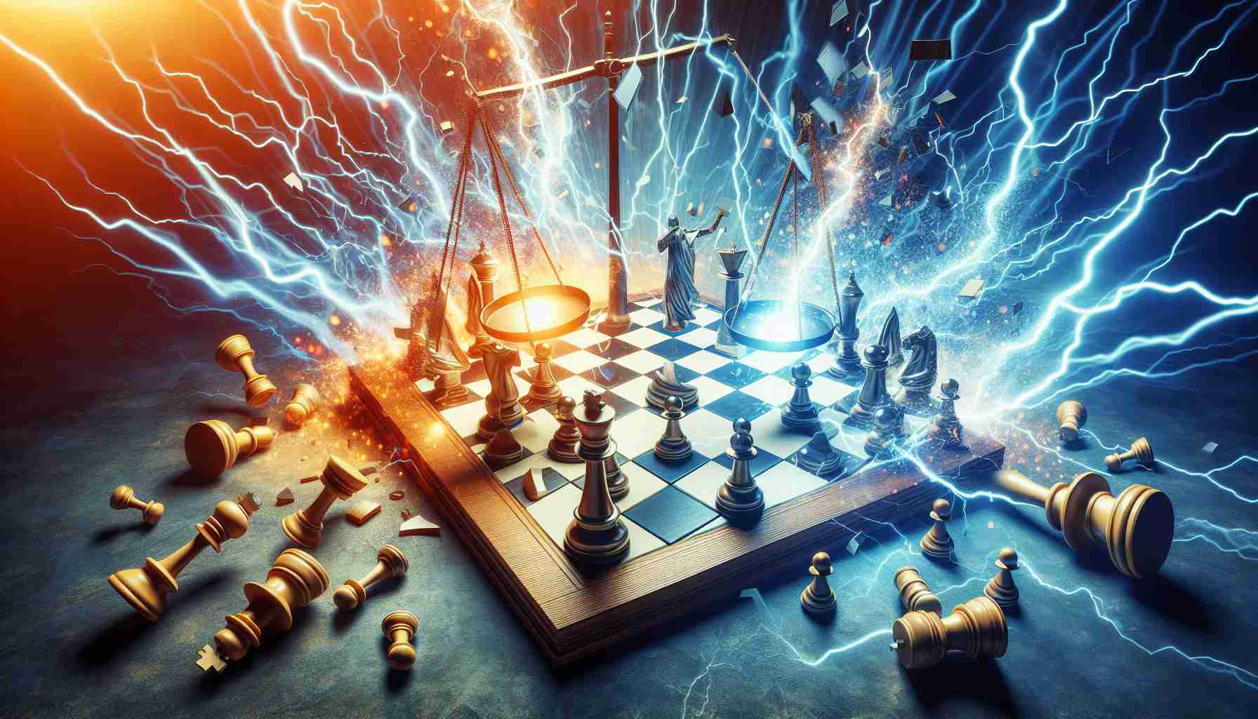 Create a realistic high definition image of the visual interpretation of the text 'New Ruling: Shocking Twist in High-Stakes Legal Battle'. This could include an abstract concept of a battle represented as a chessboard with pieces knocked over, a shocking electrically-charged scene, and a balance scale showing a new ruling tipping the balance in a court-like setting.