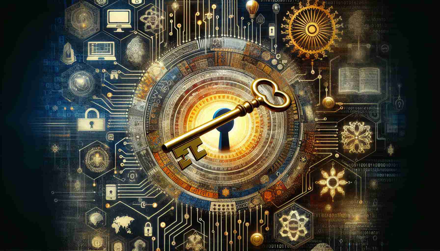 A high-definition, realistic image showcasing the metaphorical unlocking of the hidden secrets of India's technological revolution. The image can include elements such as abstract symbols of technology, like circuit boards, internet icons, or binary codes, intermingled with symbols representative of India, like the Ashoka Chakra or Indian landscape. In the center, a golden key can be shown turning in a lock, symbolising unlocking secret knowledge or breakthroughs.