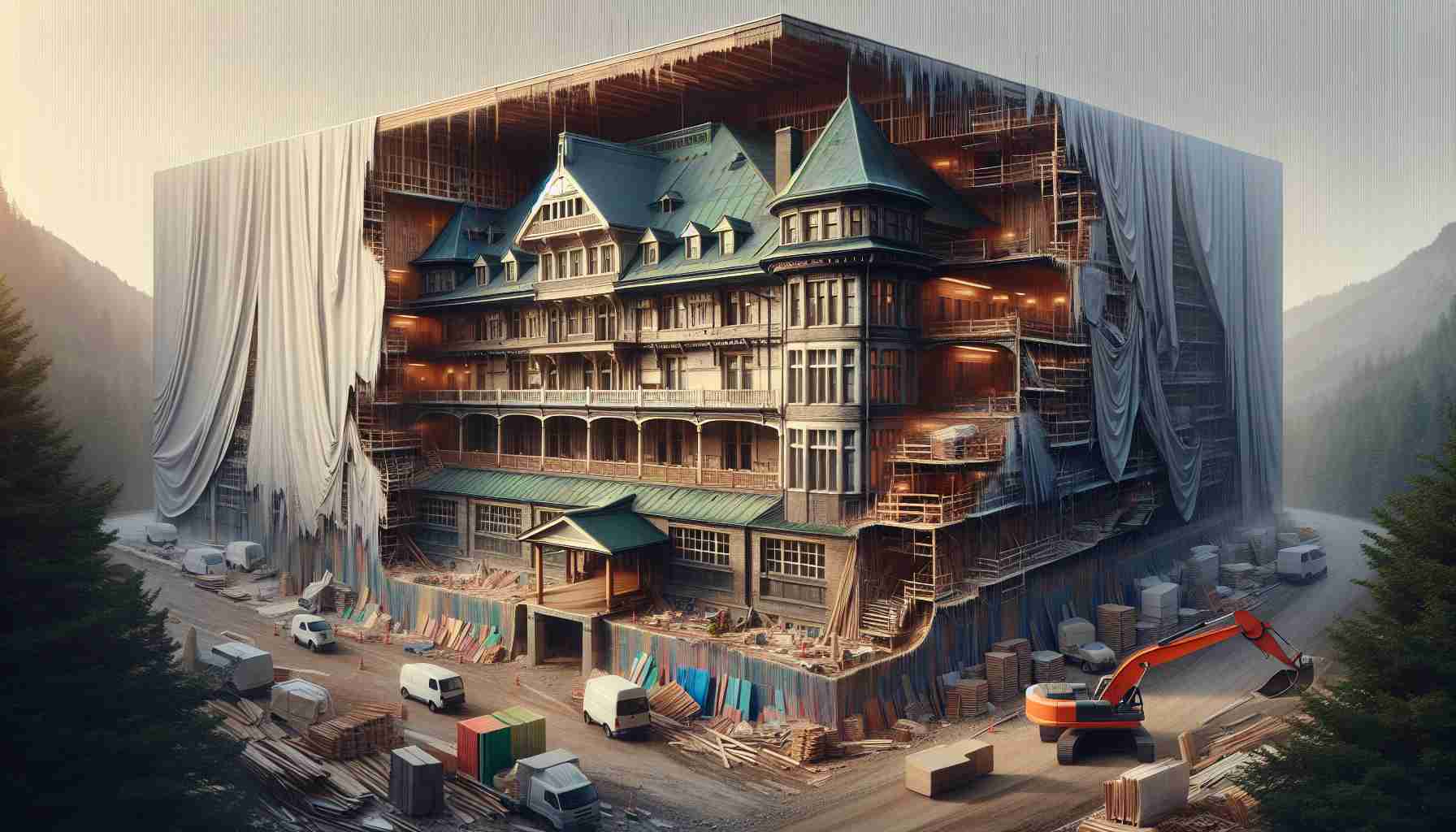 A high-definition and realistic depiction of a landmark inn undergoing a secret renovation process. Showcase the core architectural elements that hold its traditional charm while integrating contemporary modifications. Capture the beauty of transitional architecture, hinting at the hidden and yet-to-be-revealed changes.