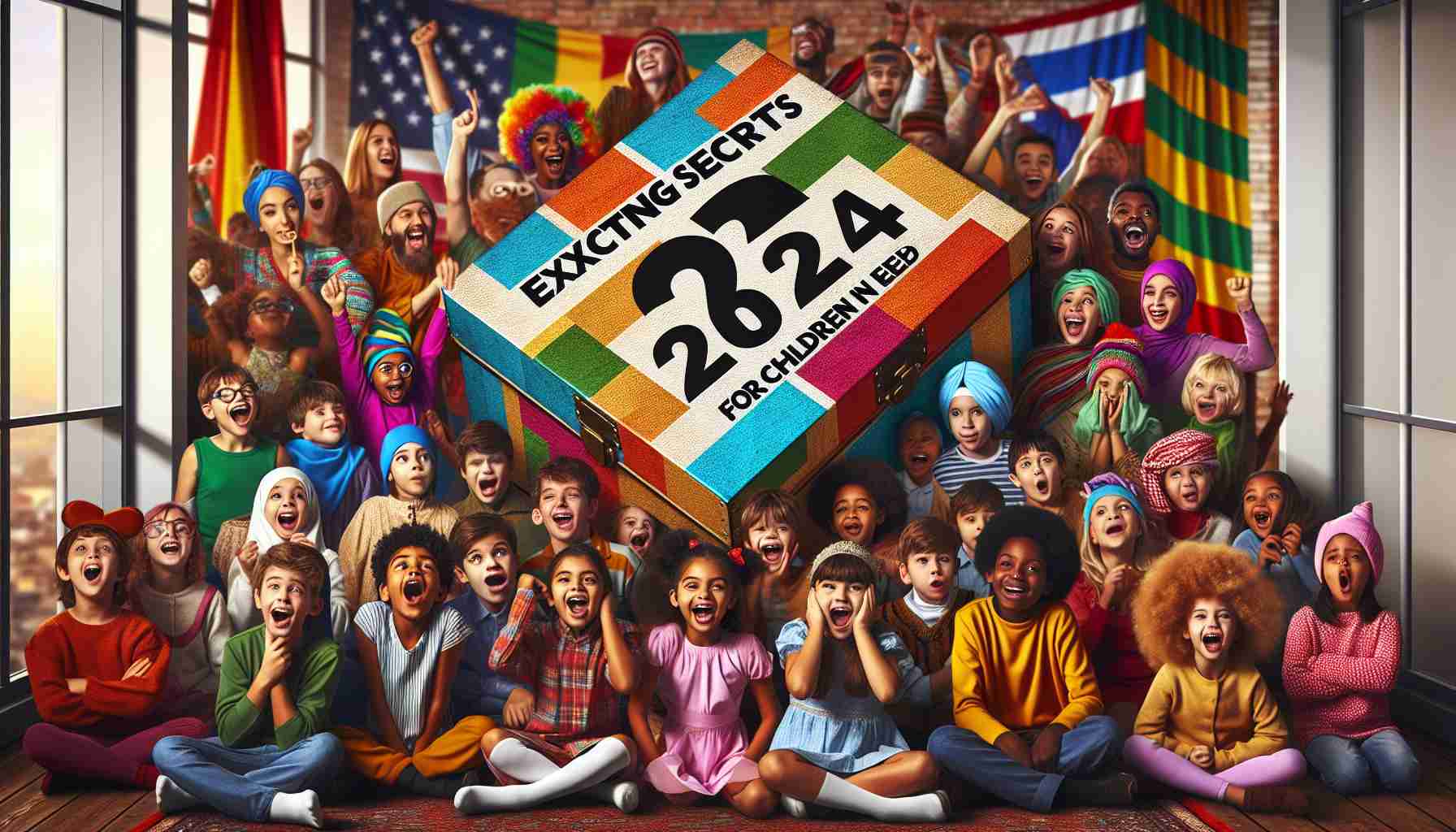 Imagine a high-definition image representing the theme, 'Exciting Secrets Revealed for Children in Need 2024'. This image evokes anticipation and delight. It could maybe include a vibrant and large mystery box with the year '2024' in bold visible on it, surrounded by children of diverse descents like Hispanic, Caucasian, Middle Eastern, South Asian, and Black. They are all showing expressions of curiosity and excitement. The children vary in gender and are dressed in eclectic, vibrant colors, brightening up the room they're in. Laughter and excitement fill the air, capturing the joyous spirit of discovery.