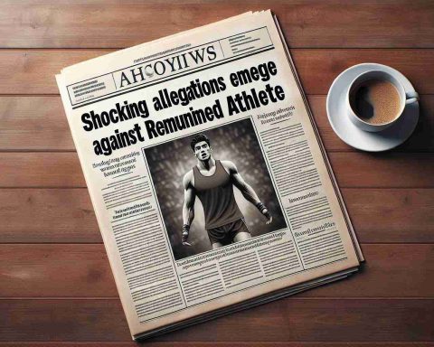 Generate a realistic high-definition image of a newspaper front page, with the headline 'Shocking Allegations Emerge Against Renowned Athlete'. The newspaper should be on a wooden table, next to a cup of coffee. The newspaper article would be about an unnamed, non-specific athlete who has recently faced some astonishing charges.