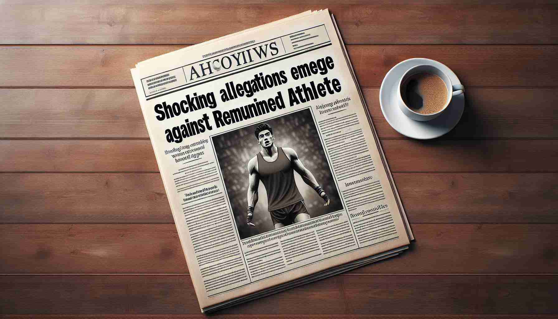 Generate a realistic high-definition image of a newspaper front page, with the headline 'Shocking Allegations Emerge Against Renowned Athlete'. The newspaper should be on a wooden table, next to a cup of coffee. The newspaper article would be about an unnamed, non-specific athlete who has recently faced some astonishing charges.