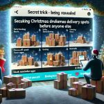 Create a highly detailed image depicting the secret trick being revealed for securing Christmas delivery slots before anyone else. The scene should show a screen montage with various strategies like early booking, choosing off-peak hours, and using reminder apps, and the visual excitement of being a victorious shopper who managed to book Christmas delivery slots before others. A Christmas-themed background with snowflakes and holiday decorations would set the mood. Focus on realism and high definition quality in rendering.