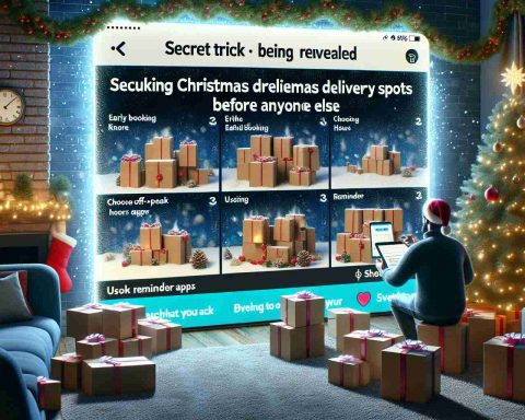 Create a highly detailed image depicting the secret trick being revealed for securing Christmas delivery slots before anyone else. The scene should show a screen montage with various strategies like early booking, choosing off-peak hours, and using reminder apps, and the visual excitement of being a victorious shopper who managed to book Christmas delivery slots before others. A Christmas-themed background with snowflakes and holiday decorations would set the mood. Focus on realism and high definition quality in rendering.