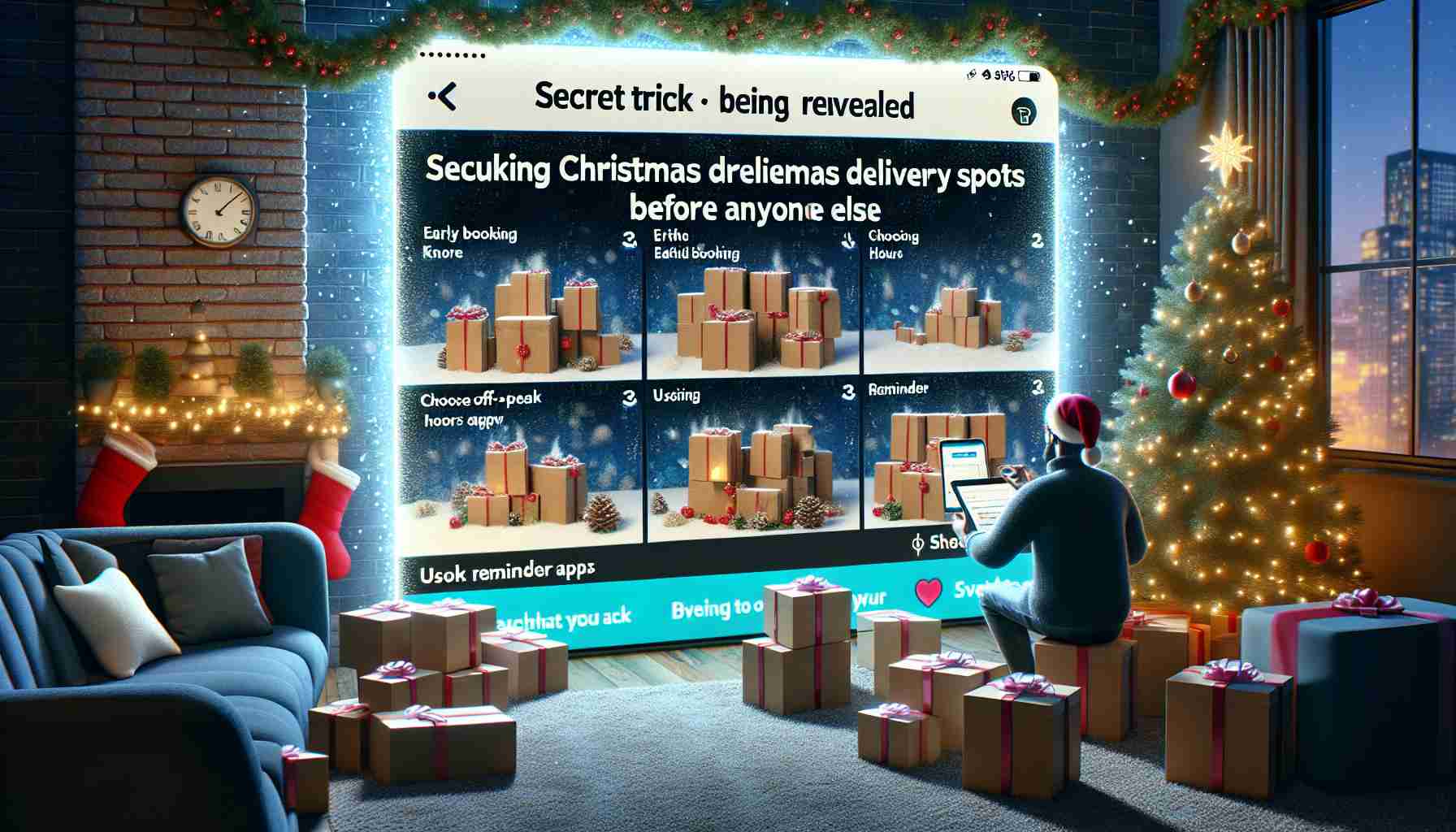 Create a highly detailed image depicting the secret trick being revealed for securing Christmas delivery slots before anyone else. The scene should show a screen montage with various strategies like early booking, choosing off-peak hours, and using reminder apps, and the visual excitement of being a victorious shopper who managed to book Christmas delivery slots before others. A Christmas-themed background with snowflakes and holiday decorations would set the mood. Focus on realism and high definition quality in rendering.