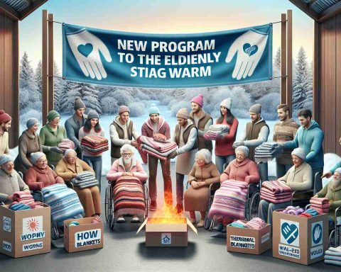 Generate a realistic, high-definition image showing a new program being launched to help the elderly stay warm during winter. The scene includes banners with phrases relevant to the cause, thermal blankets, warm clothing items and volunteers from different descents and genders, together with elderly folks gladly receiving their help. The setting has a wintery backdrop, hinting the dropping temperatures and further emphasizing the need for such a program.