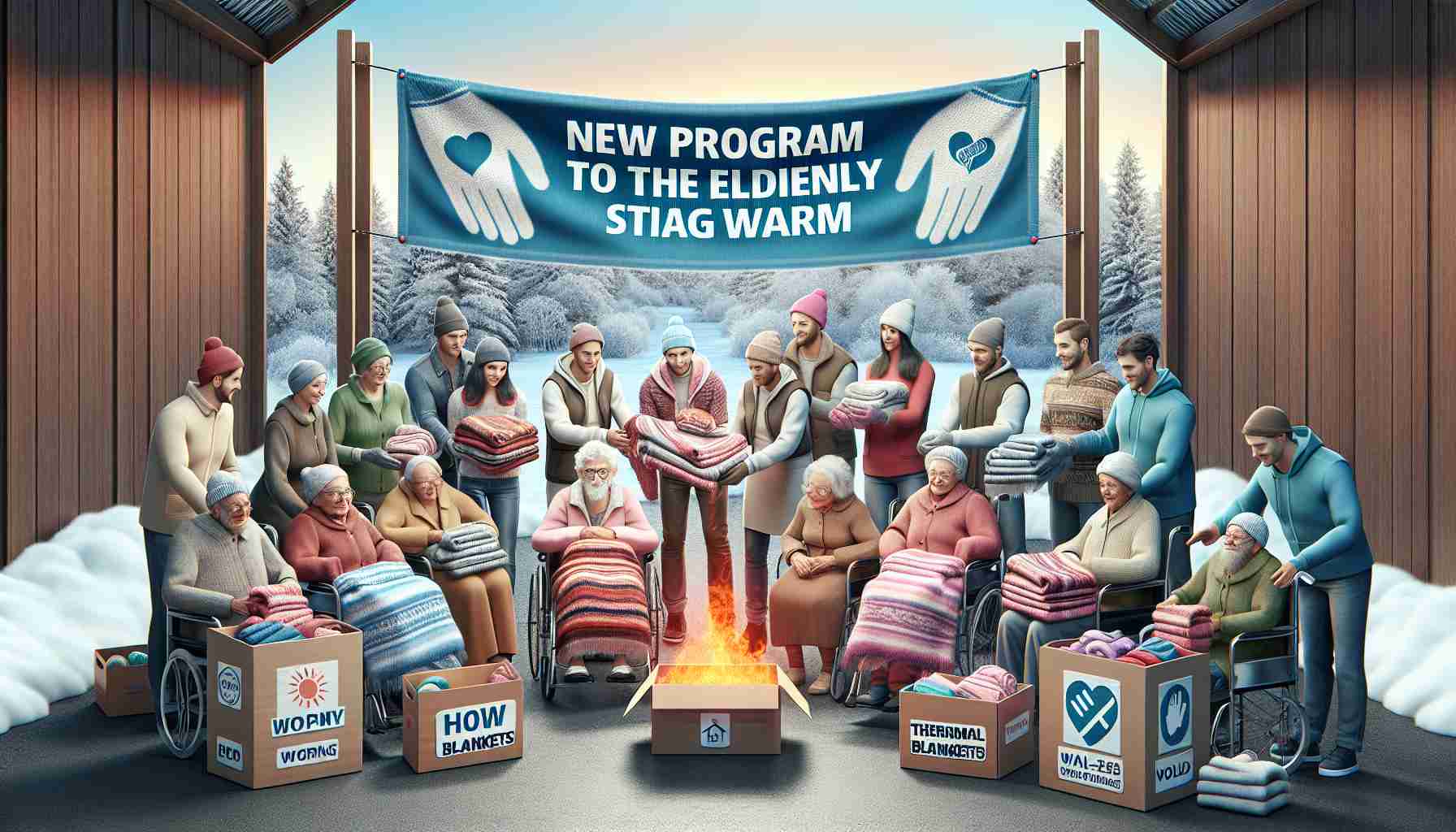 Generate a realistic, high-definition image showing a new program being launched to help the elderly stay warm during winter. The scene includes banners with phrases relevant to the cause, thermal blankets, warm clothing items and volunteers from different descents and genders, together with elderly folks gladly receiving their help. The setting has a wintery backdrop, hinting the dropping temperatures and further emphasizing the need for such a program.