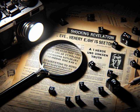 An HD image showing a dramatic, film noir styled scene representing the concept of shocking revelation. The scene includes a magnifying glass revealing hitherto unseen truth symbolized by a coded document. Every element in the image speaks of suspense and mystery. The setting is meant to incite curiosity, with shadows and low light, typical of detective stories. The primary colors should be shades of grey, black and white, mimicking the 'black and white' medium of old detective films.