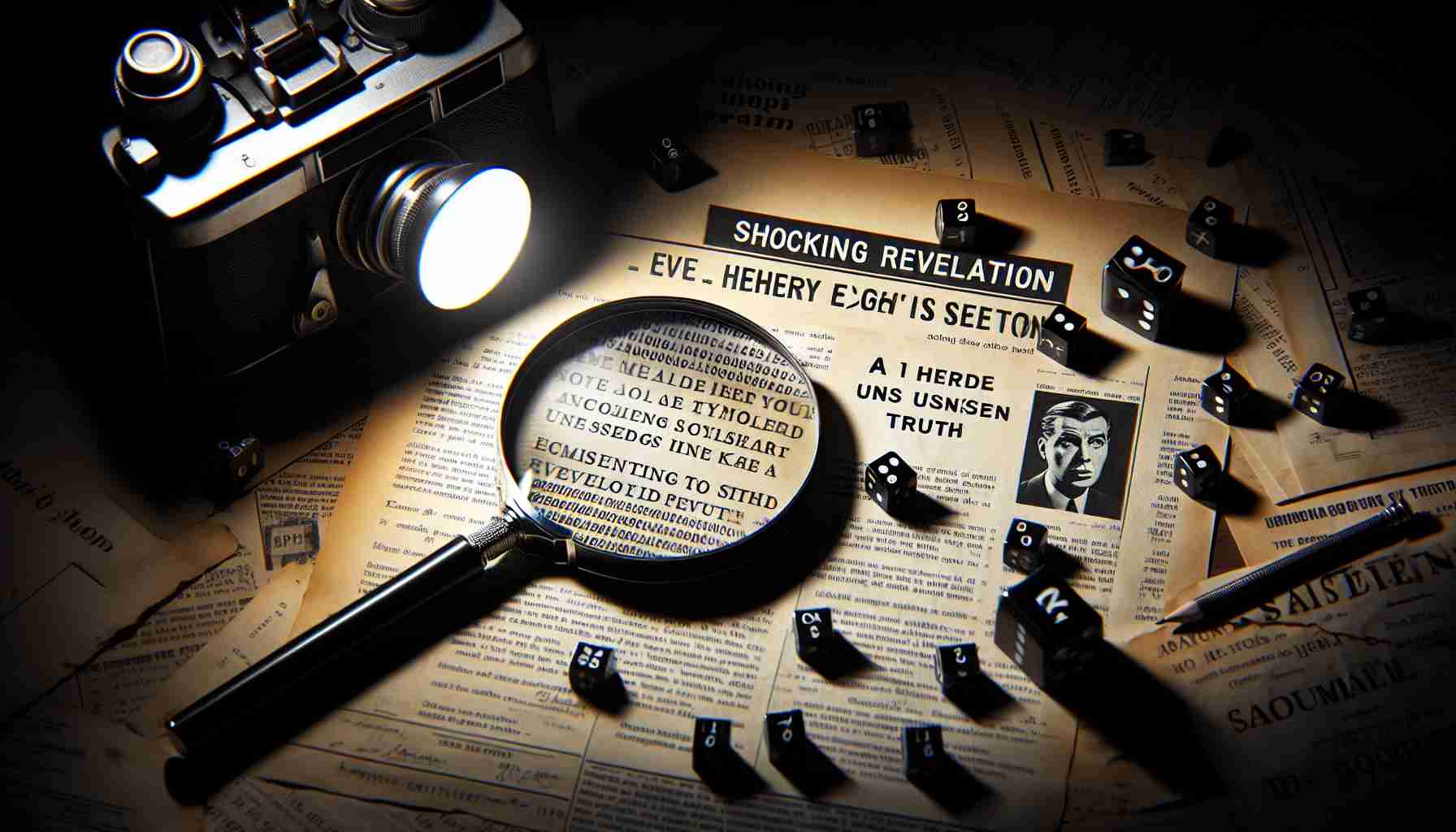 An HD image showing a dramatic, film noir styled scene representing the concept of shocking revelation. The scene includes a magnifying glass revealing hitherto unseen truth symbolized by a coded document. Every element in the image speaks of suspense and mystery. The setting is meant to incite curiosity, with shadows and low light, typical of detective stories. The primary colors should be shades of grey, black and white, mimicking the 'black and white' medium of old detective films.