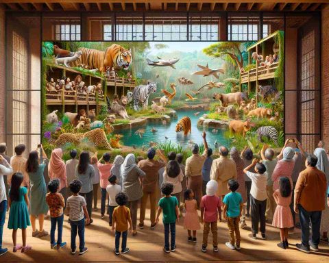 Generate an image of a high definition photo-realistic scene at a new zoo exhibit. The exhibit is filled with delightful surprises, featuring various unique animals in their carefully constructed habitats. Display the anticipation and joy of a diverse crowd including South Asian children, Hispnaic parents, and Middle-Eastern seniors as they discover the wonders of the exhibit. The image should capture the genuine curiosity and excitement in the diverse crowd's faces while also highlighting the distinctive aspects of the exhibit.