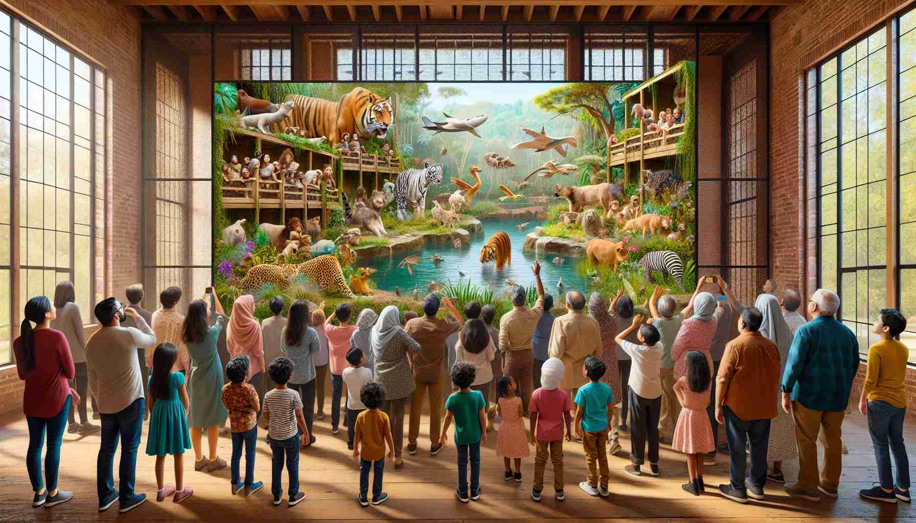 Generate an image of a high definition photo-realistic scene at a new zoo exhibit. The exhibit is filled with delightful surprises, featuring various unique animals in their carefully constructed habitats. Display the anticipation and joy of a diverse crowd including South Asian children, Hispnaic parents, and Middle-Eastern seniors as they discover the wonders of the exhibit. The image should capture the genuine curiosity and excitement in the diverse crowd's faces while also highlighting the distinctive aspects of the exhibit.