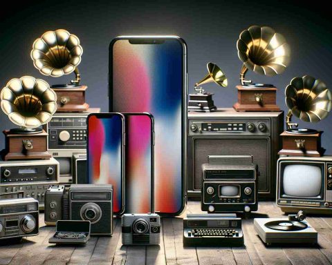 A realistic, high-definition image showing a surprising Apple announcement: two familiar iPhones displayed amidst a collection of vintage technology devices. The vintage collection includes older versions of gadgets like rotary dial phones, analog cameras, gramophones, cathode ray TVs, and computers with CRT monitors. Highlighting the contrast between the modern and vintage technology devices, the iPhones stand out with their sleek contemporary design and advanced features.