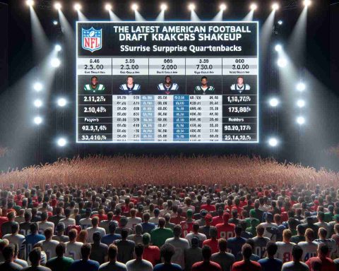 High-definition image of a fictitious event titled 'The Latest American Football Draft Shakeup', showcasing revealed rankings of surprise quarterbacks. Included elements are a large board displaying the rankings, spotlights illuminating the area, and surrounding crowd exhibiting a range of emotions, such as shock and excitement. Do not include any real players or team logos. The board contents should be a series of players' stats and numbers without specific names.