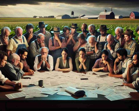 A high-resolution image illustrating the dramatic impact of a new tax policy on farming communities. The scene depicts a diverse group of farmers, consisting of males and females of varying descents such as Caucasian, Black, Hispanic, Middle-Eastern and South Asian. They are gathered around a table, deeply engrossed in a discussion. On the table are numerous papers, presumably tax documents. Their expressions range from shock, dismay to deep contemplation. Farmland can be seen in the background, bringing a sense of location to the image.