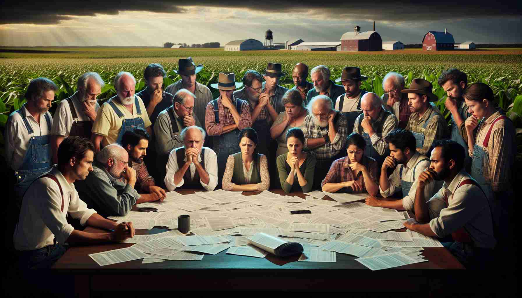 A high-resolution image illustrating the dramatic impact of a new tax policy on farming communities. The scene depicts a diverse group of farmers, consisting of males and females of varying descents such as Caucasian, Black, Hispanic, Middle-Eastern and South Asian. They are gathered around a table, deeply engrossed in a discussion. On the table are numerous papers, presumably tax documents. Their expressions range from shock, dismay to deep contemplation. Farmland can be seen in the background, bringing a sense of location to the image.