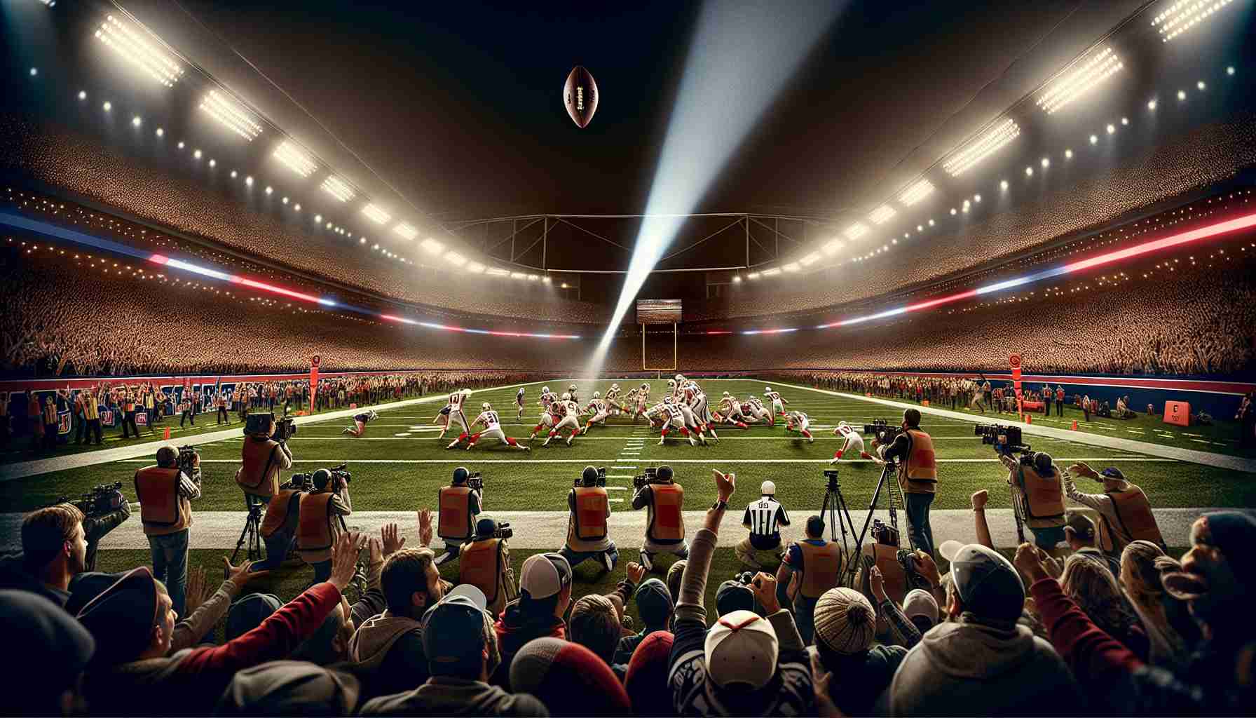 An ultra high-definition image showcasing an unprecedented encounter in National Football League history. The photo should capture the immense excitement and suspense of the match, highlighting the decisive moments that led to an unbelievable outcome. Details such as the illumination of stadium lights, the intensity on players' faces, and the reactions of the diverse crowd in the background should be perceptible.