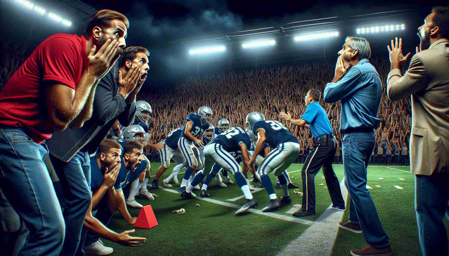 An HD photo portraying a shocking moment during a Sunday night football match where two teams are engaged in a heated contest. The players on the field are reacting in surprise to an unexpected event. The crowd in the background is visibly shocked, some with their hands over their mouths in surprise and others standing on their feet, perhaps screaming. The stadium lights are illuminating the field, highlighting the expressions of disbelief on the faces of coaches and players alike.