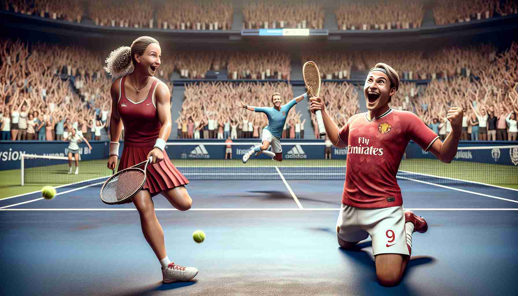 A high-resolution, realistic image of a surprising event unfolding in a stadium. A rising star in the world of tennis, with a visibly stunned expression on their face, has just lost a match. However, the twist is that the victorious player isn't another tennis professional. Instead, this is a well-known individual from the world of football, delighting the crowd with their unexpected victory. Both competitors are shown mid-match, each poised in action, tennis and football skills in full display amidst the cheers of the diverse crowd.