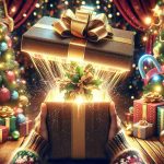 Generate a hyper-realistic, high-definition image featuring an exclusive, previously unseen gift being revealed during an exciting holiday promotion. The setting is festive with holiday decorations visible in the background. The gift itself is getting unveiled from a finely-wrapped package, suggesting exclusivity and surprise. Glittering lights and vibrant colors dominating the scene add to the abundance of holiday cheer.