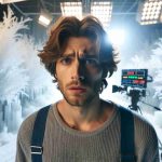 A high definition realistic image portraying a male actor with medium length wavy hair and a casual outfit, looking fatigued and surprised while on a movie set with chilly frosted decor. The overall ambiance is filled with brightness due to professional film lighting.