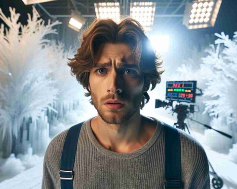 A high definition realistic image portraying a male actor with medium length wavy hair and a casual outfit, looking fatigued and surprised while on a movie set with chilly frosted decor. The overall ambiance is filled with brightness due to professional film lighting.