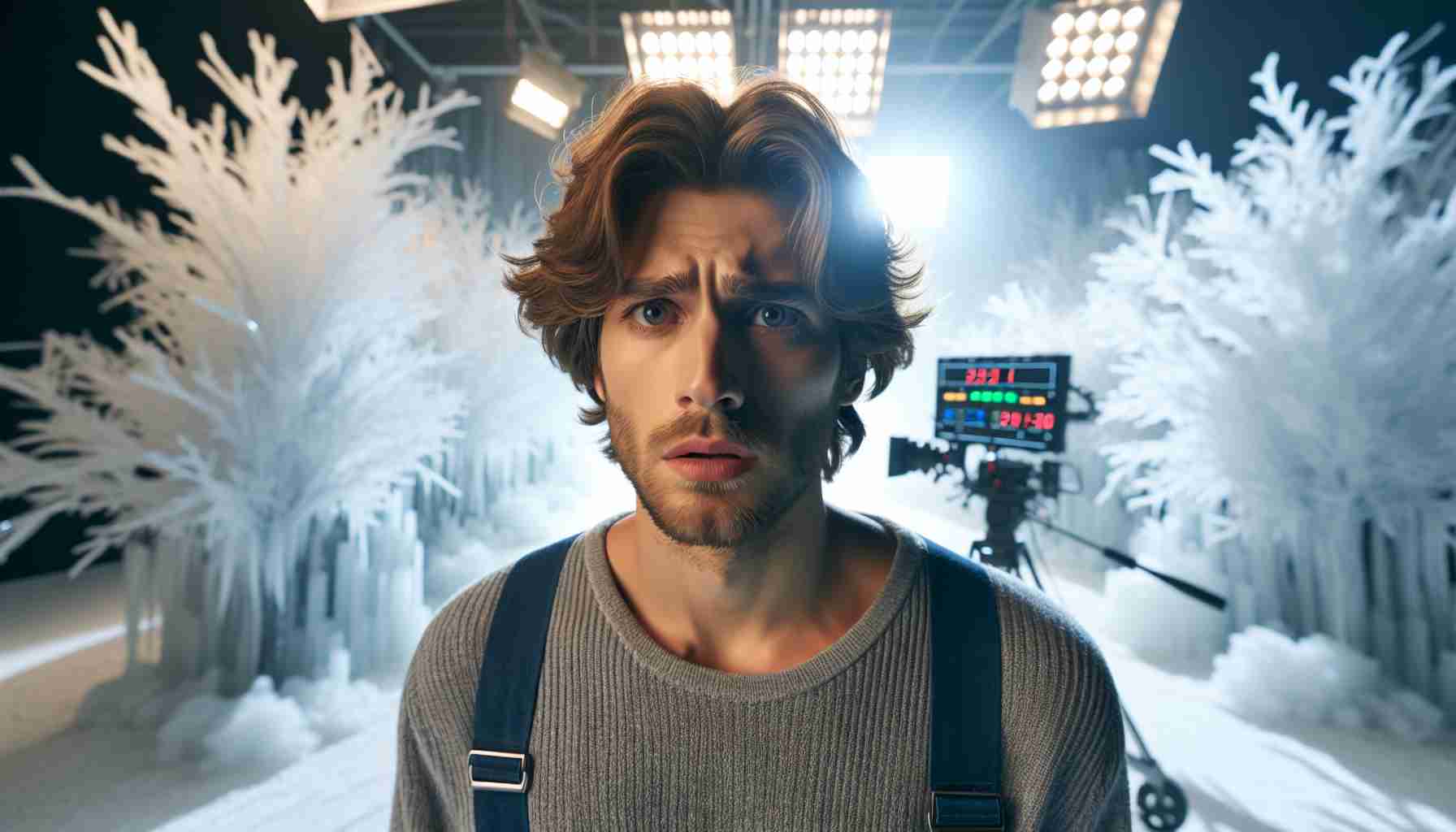 A high definition realistic image portraying a male actor with medium length wavy hair and a casual outfit, looking fatigued and surprised while on a movie set with chilly frosted decor. The overall ambiance is filled with brightness due to professional film lighting.