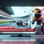 A high-definition realistic image of a TV screen showcasing a breaking news with the headline 'Shocking Departure Rocks Formula 1 World'. The screen is divided into two parts: on the left, it displays a footage of previouly held Formula 1 race with the cars racing on the track, and on the right, there is an image of an unidentified person in a racing suit, wearing a helmet, against the backdrop of a race track. Ensure the colors are vibrant, emphasizing urgency and drama typically associated with breaking news.