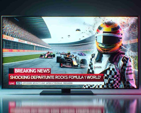 A high-definition realistic image of a TV screen showcasing a breaking news with the headline 'Shocking Departure Rocks Formula 1 World'. The screen is divided into two parts: on the left, it displays a footage of previouly held Formula 1 race with the cars racing on the track, and on the right, there is an image of an unidentified person in a racing suit, wearing a helmet, against the backdrop of a race track. Ensure the colors are vibrant, emphasizing urgency and drama typically associated with breaking news.