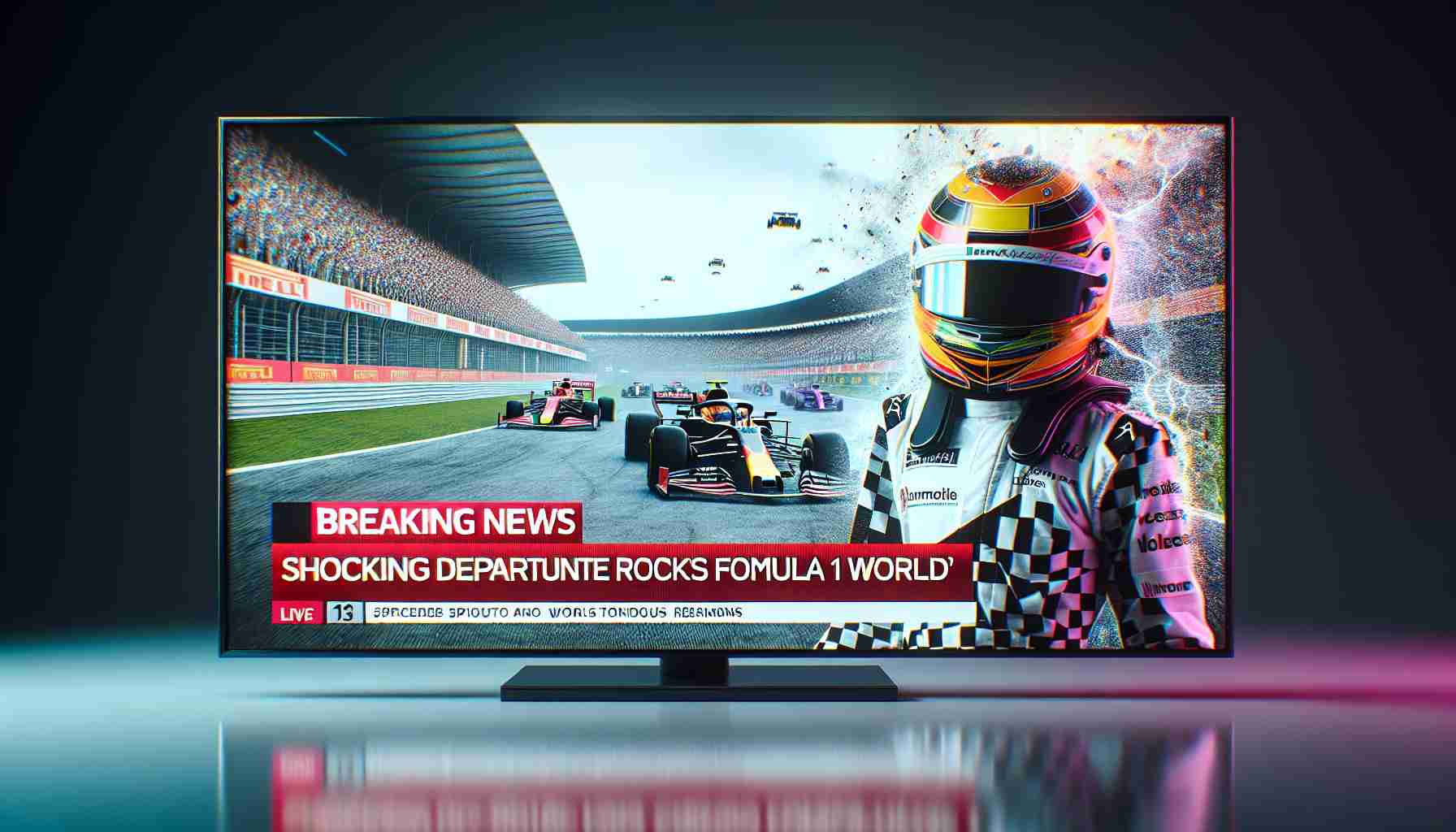 A high-definition realistic image of a TV screen showcasing a breaking news with the headline 'Shocking Departure Rocks Formula 1 World'. The screen is divided into two parts: on the left, it displays a footage of previouly held Formula 1 race with the cars racing on the track, and on the right, there is an image of an unidentified person in a racing suit, wearing a helmet, against the backdrop of a race track. Ensure the colors are vibrant, emphasizing urgency and drama typically associated with breaking news.