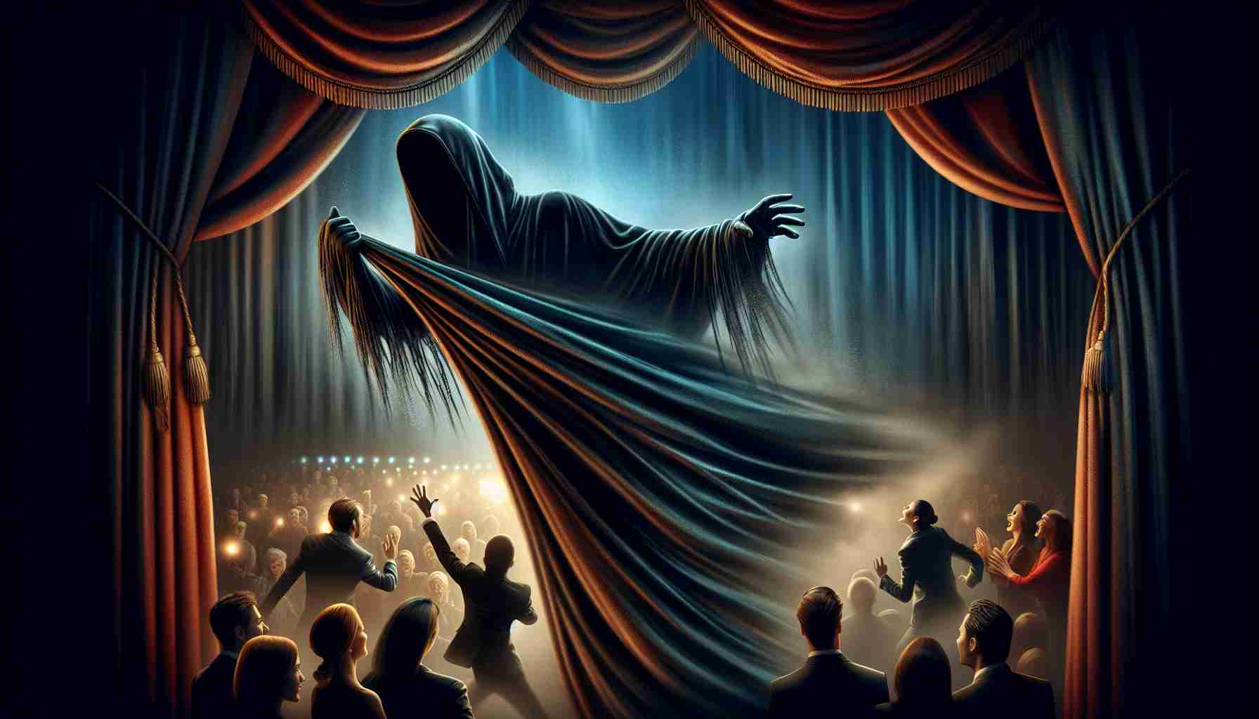 Depict a high-definition, realistic image representing the concept 'Secrets Unveiled: An Intriguing New Drama Unfolds'. Perhaps the image could include symbolic elements like a shrouded figure pulling back a dark velvet curtain to reveal a dynamic scene full of action and the immediate reaction of the people present, with obvious signs of surprise and intrigue on their faces. Use careful lighting and contrasts to develop suspense and draw attention to the unfolding drama. Just keep the image open to interpretation, allowing it to match the broad themes of secrecy, revelation, and the thrilling twists common in drama genres.