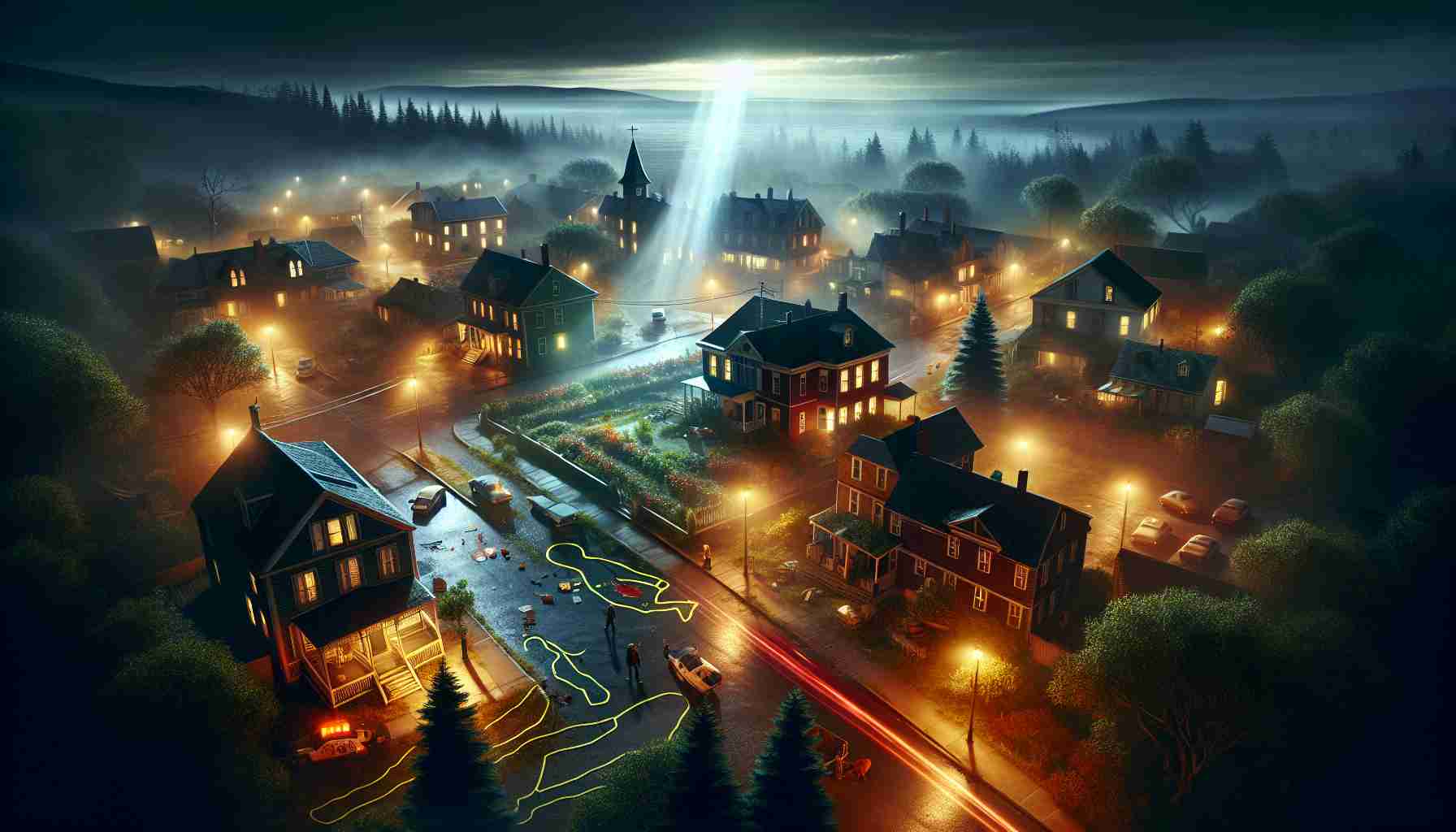 A high-definition, realistic image portraying a small town caught in a mysterious incident. The atmosphere is unsettling and the scene is filled with clues and elements that hint at shocking details about to be revealed. Dramatically lit, the scenery features quaint houses, tree-lined streets, a town center under the eerie glow of dusk, with trailing signs of peculiar activities, all contributing to the sense of mystery and suspense.