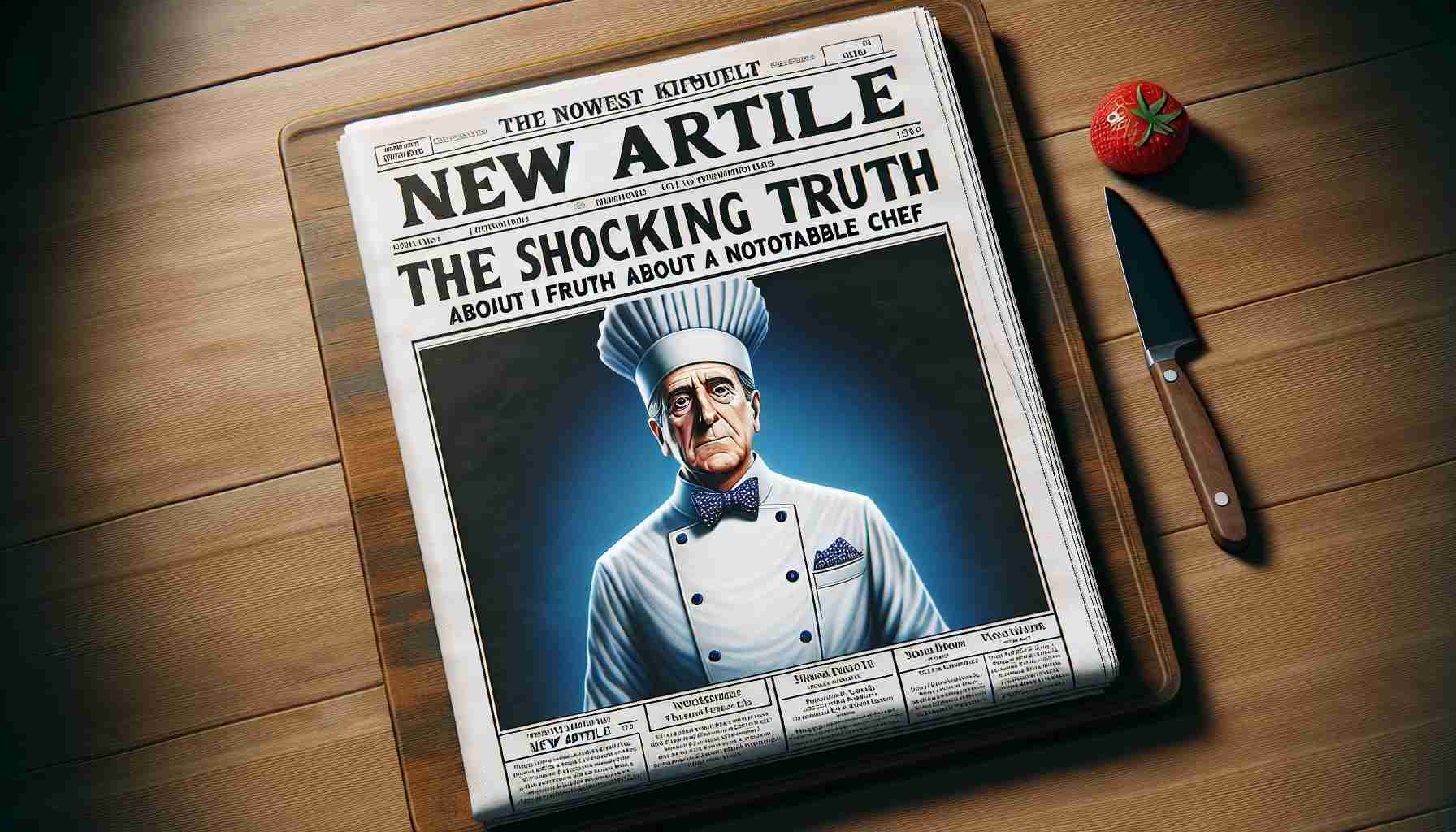 High-definition, realistic image of a newspaper front page featuring a headline that reads, 'New Article: The Shocking Truth About a Notable Chef'