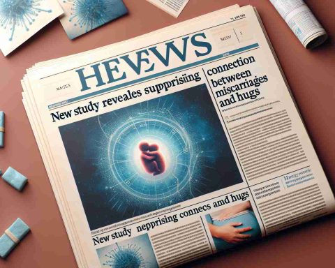 Create a realistic HD image that visually depicts a newspaper headline reading 'New Study Reveals Surprising Connection Between Miscarriages and Hugs'. Include a picture related to the topic next to the headline, such as an image of a scientific study or a depiction of a warm, comforting hug.