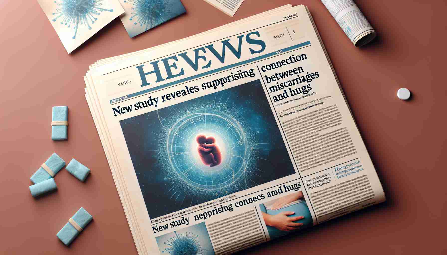 Create a realistic HD image that visually depicts a newspaper headline reading 'New Study Reveals Surprising Connection Between Miscarriages and Hugs'. Include a picture related to the topic next to the headline, such as an image of a scientific study or a depiction of a warm, comforting hug.