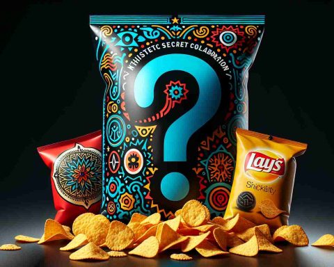 A high definition, realistic image of a thrilling and mysterious snack collaboration that has taken the concept of snacking to an unprecedented level. Please depict mysterious looking packaging that gives a hint of this exciting secret collaboration, perhaps with bold, contrasting colors and intriguing symbols or motifs. In the foreground, display an array of unique and innovative snacks, making sure to focus on their qualities, textures, and colors.