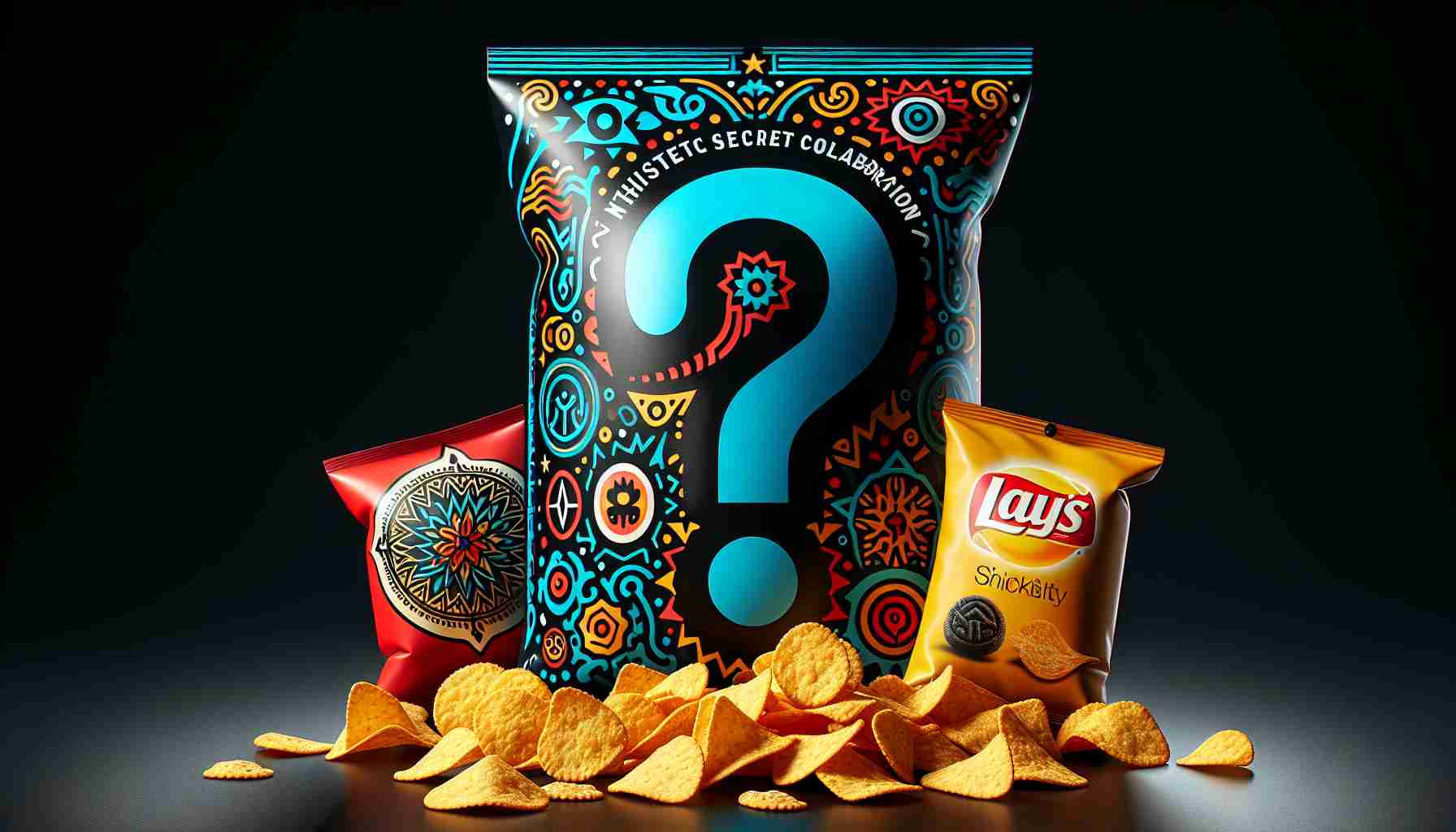 A high definition, realistic image of a thrilling and mysterious snack collaboration that has taken the concept of snacking to an unprecedented level. Please depict mysterious looking packaging that gives a hint of this exciting secret collaboration, perhaps with bold, contrasting colors and intriguing symbols or motifs. In the foreground, display an array of unique and innovative snacks, making sure to focus on their qualities, textures, and colors.