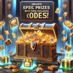 A high-definition, realistic image featuring a special event for unlocking epic rewards. The scene displays a golden treasure chest filled to the brim with exclusive prizes like virtual gear, digital trophies, and rare game items. Scattered around the chest are numerous 'Exclusive Codes', designed with a shiny holographic finish and an air of mystery and excitement. A banner overhead proclaims 'Unlock Epic Prizes With These Exclusive Codes!'. The image is designed to create a sense of anticipation and delight at snagging rare and valuable rewards.