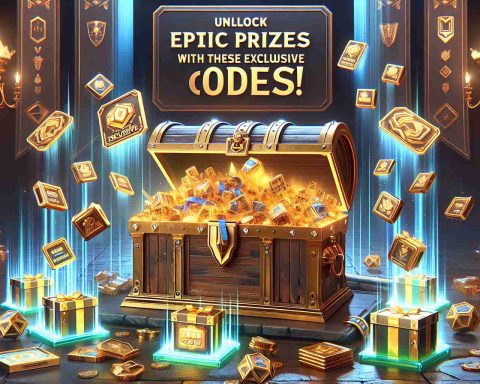 A high-definition, realistic image featuring a special event for unlocking epic rewards. The scene displays a golden treasure chest filled to the brim with exclusive prizes like virtual gear, digital trophies, and rare game items. Scattered around the chest are numerous 'Exclusive Codes', designed with a shiny holographic finish and an air of mystery and excitement. A banner overhead proclaims 'Unlock Epic Prizes With These Exclusive Codes!'. The image is designed to create a sense of anticipation and delight at snagging rare and valuable rewards.